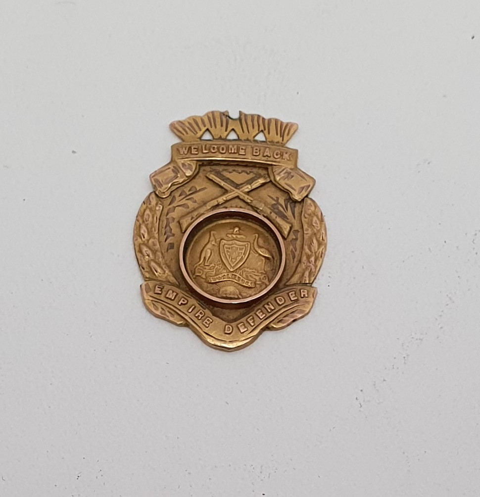 The ‘Welcome Home’ badge presented to Pte. J. Doherty in 1919.