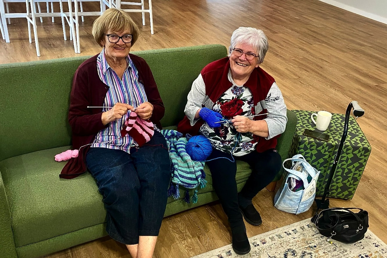 Margie Dunn and Wendy Clissold are both keen knitters. They will celebrate World Wide Knit in Public Day at the Nyngan Knit in Public Day at Davidson Park (weather permitting) on Saturday, June 8. Photo by The Nyngan Weekly: Abigail McLaughlin.