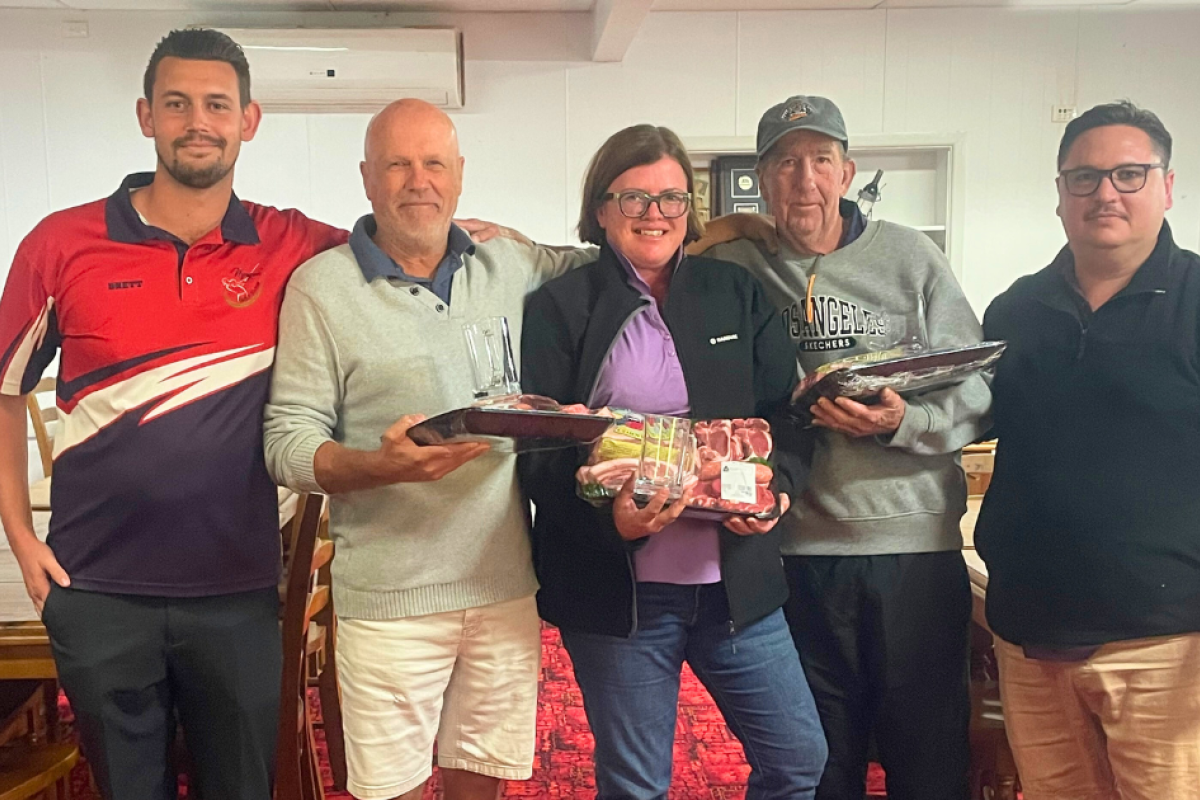 Hit ‘N’ Hope Shield winners 2025 Mike Oliver, Ali Morriss and Dave Bartley with sponsors Brett Rope (left) and Nick Beetson (right). Photos: Supplied.