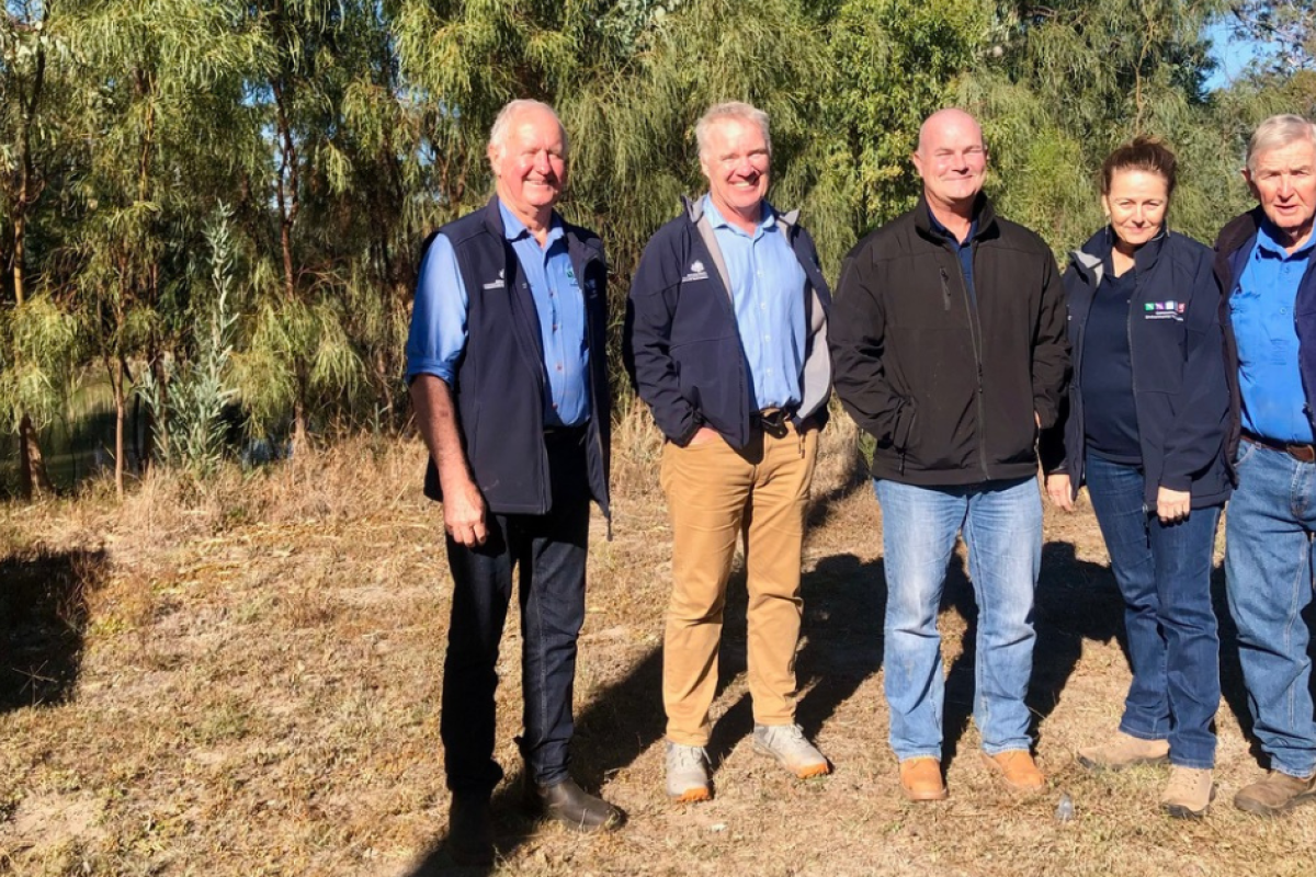 Representatives of the CEWH David Walker, Simon Banks, Marcus Finn, and Michelle Coll with local creeks representative Richard Woodlock. Photo supplied.