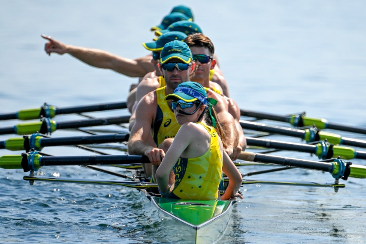 Jack Hargreaves and men’s eight rowing crew competed in the Olympic rowing heat on Monday night. Photo courtesy of Rowing Australia.