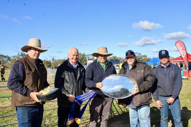 Sheep steward, Andrew McGrath, sponsor Robert Ryan from Schute Bell Lumby, sheep classer Jack Kelly, flock ewe winner George Caton, and assistant judge Charlie Kelly.