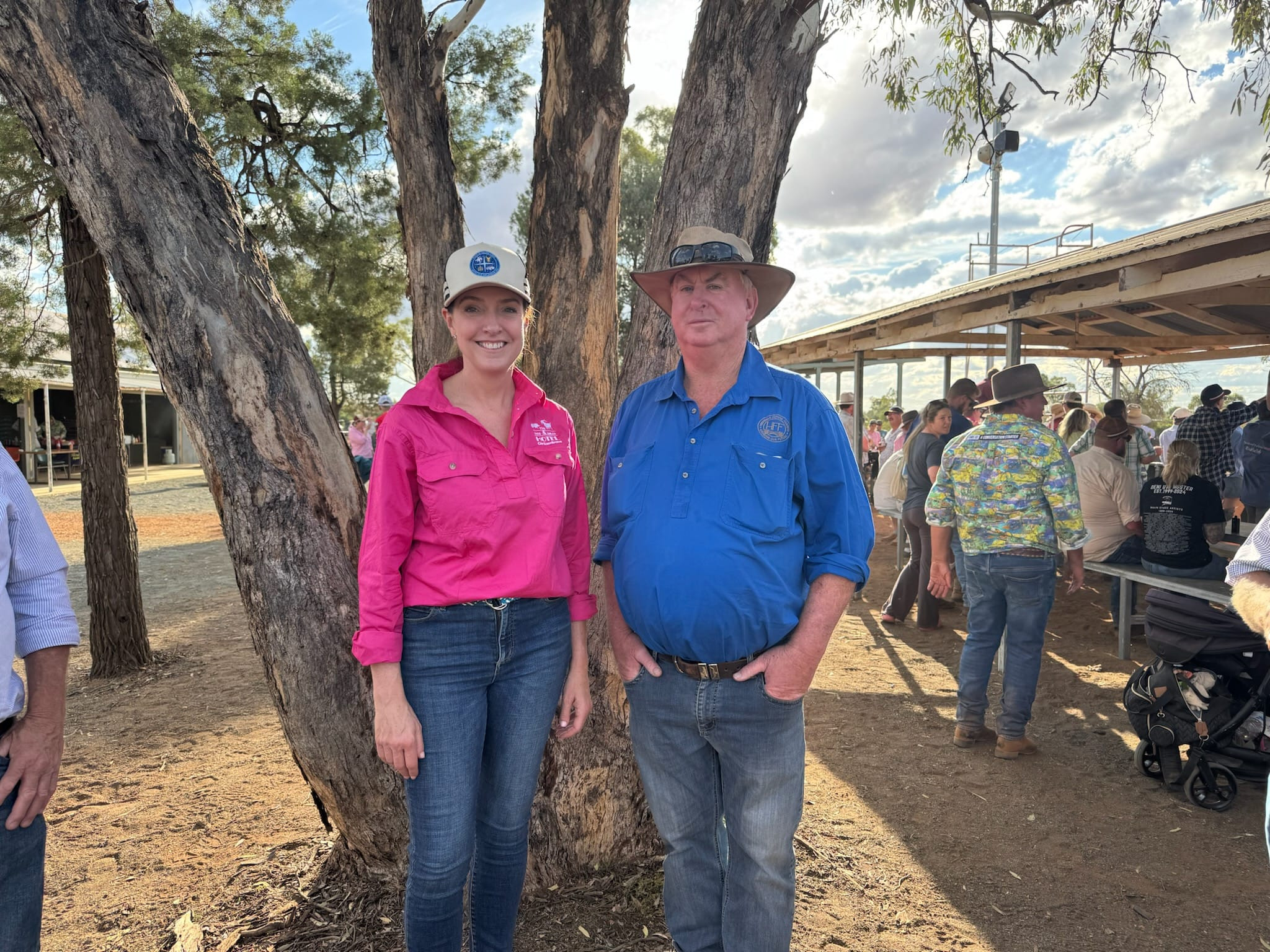 Liberal leader Kellie Sloane, surprised locals by attending the Hermidale Gymkhana over the weekend, pictured with Bogan Shire Council’s mayor, Glen Neill. Photo supplied.